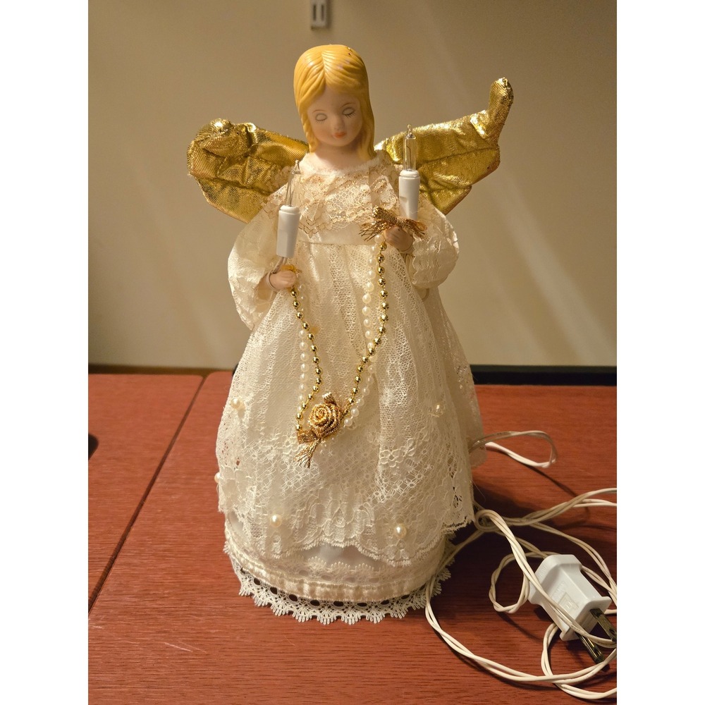 Vintage Lighted Angel Christmas Tree Topper White Lace Gold Wings Porcelain Face